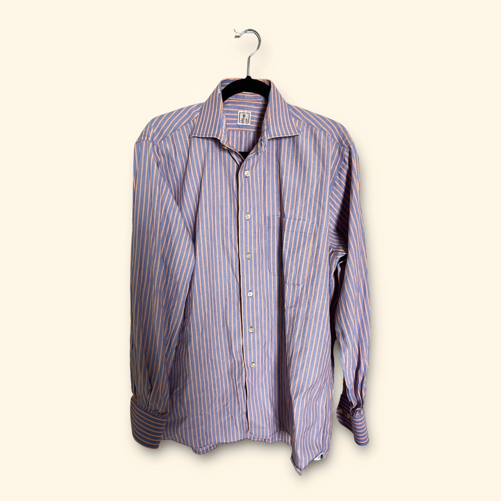 Peter Millar Shirt Men's 16 Large Blue Orange Stripes Multicolor Long Sleeve ✅‎